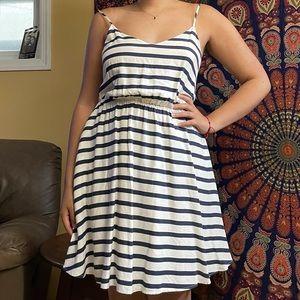 Ivory & Navy Blue Striped Cocktail Dress w Pockets
